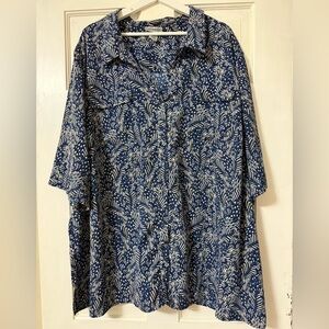 CATHERINES 4X (30/32W) Women Blue Floral Spandex Button Down Blouse Top Mature